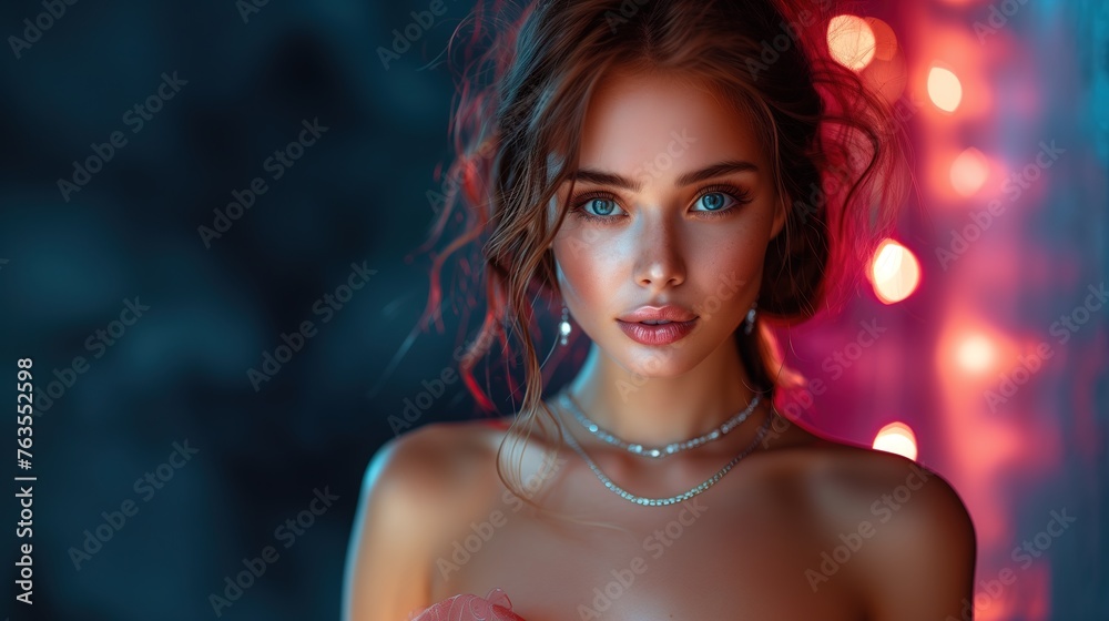 Wall mural beauty, people and jewelry concept - beautiful young woman wearing shiny diamond pendant