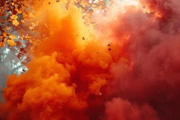 Rollo Fiery red, golden yellow, and deep orange smoke erupting in an aerosol-like explosion, creating a vivid and lively autumn scene © Haji