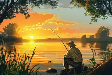 Poster An elderly man fishing on a tranquil lake at sunset, the warm light creating a peaceful and relaxing scene © Formoney
