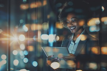 Tablet, space and double exposure with a business black woman in the office at night for research. Smile, technology and a happy young professional employee on mockup flare for corporate planning