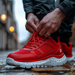Person Running Walking and Tying Red Sneakers - obrazy, fototapety, plakaty