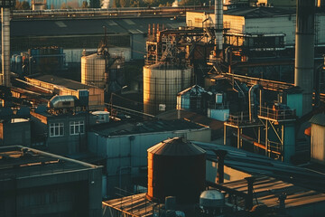An industrial factory at dusk, the warm light from the setting sun casting long shadows on the factory buildings and machinery