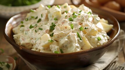 Creamy and Delightful Homemade Potato Salad with Mayonnaise and Fresh Herbs on a Wooden Serving Bowl