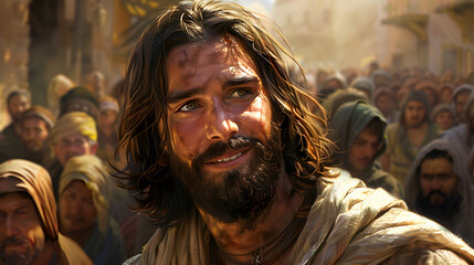 Obraz premium A closeup of Jesus after the resurrection, teaching and spreading hope and faith to the people during the Easter and Lent season.