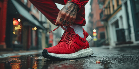 Person Running Walking and Tying Red Sneakers - obrazy, fototapety, plakaty