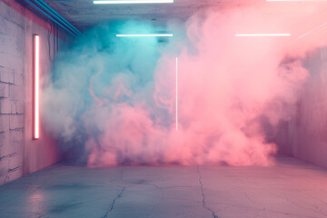Soft pastel pink and baby blue smoke blending together, creating a dreamy watercolor effect in a 3D-rendered garage with ambient lighting