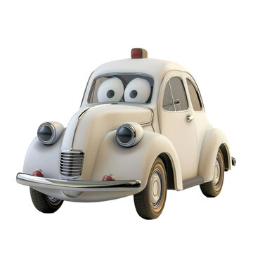 A cartoon car with a red light on top and two big eyes