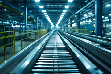 An industrial factory with a maze of conveyor belts, their continuous movement symbolizing the flow of production