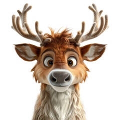 A cartoon deer with a big nose and antlers is looking at the camera
