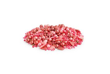 Pile of sweet pink sprinkles on white background