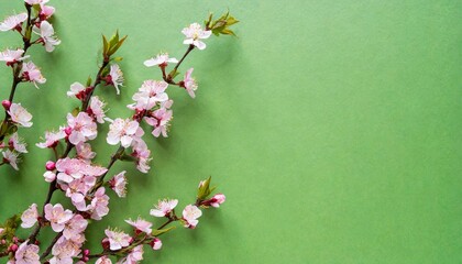 cherry tree blossom branch on green background flat lay pink flowering buds top view template web banner copy space