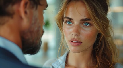 Fototapeta premium Professional Woman Nervously Interviewing for a Job with Male Boss in Corporate Office Generative AI