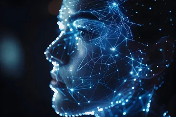 Fotobehang Artificial Intelligence. digital art piece showcases a closeup profile view of a woman face, composed entirely of glowing blue and white dots, radiating a sense of futuristic technology © Pravit
