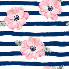 Pink ranunculus flowers, leaves, striped background. Floral illustration. Vector seamless pattern. Botanical design. Nature plants. Romantic garden - 763555710