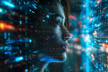 Artificial Intelligence. digital art piece showcases a closeup profile view of a woman face, composed entirely of glowing blue and white dots, radiating a sense of futuristic technology
