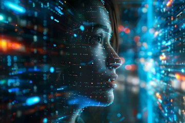 Fotobehang Artificial Intelligence. digital art piece showcases a closeup profile view of a woman face, composed entirely of glowing blue and white dots, radiating a sense of futuristic technology © Pravit