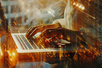 A close-up of a businesswoman's hands on a laptop keyboard in a modern office, the warm light creating an abstract pattern of lines and shapes