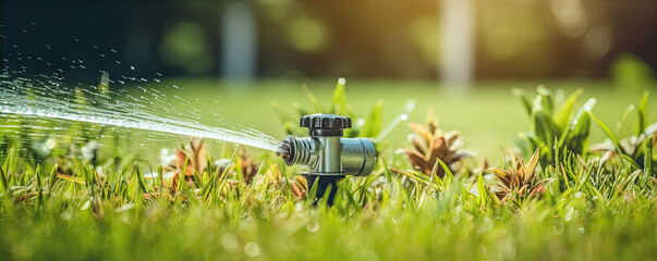Watering the lawn at green park with sprinkler automatic device.