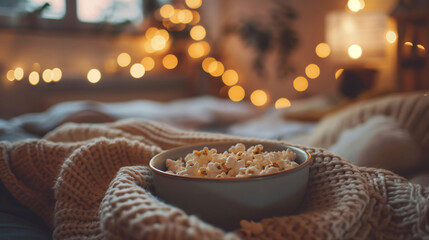 close up of a bowl of popcorn, cozy home