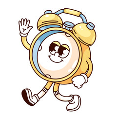 Groovy retro alarm clock cartoon character walking and waving. Funny yellow classic clock with bell, surprise and morning wakeup call mascot, cartoon alert sticker of 70s 80s style vector illustration