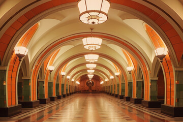 Majestic subway tunnel adorned with orange arches and vintage chandeliers. Generative AI.