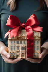 Hands presenting a model building topped with a red bow as a unique gift concept. Generative AI.