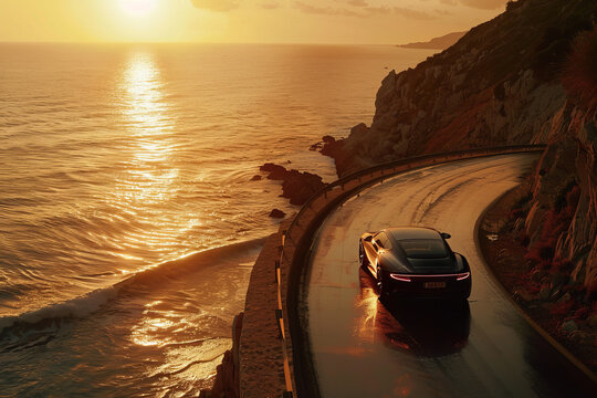 A luxury car driving on a coastal road