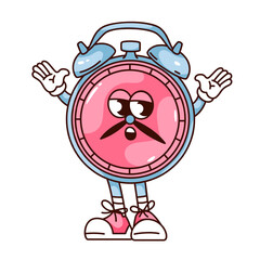 Groovy alarm clock cartoon character with funky mustache. Funny retro blue device with ring and pink dial, wake up time mascot, cartoon greeting clock sticker of 70s 80s style vector illustration