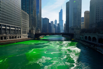 View of Chicago city with the river dyed green for St Patrick's day celebration