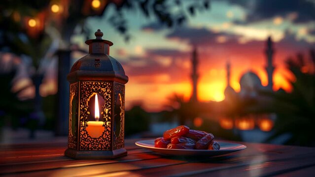 Arabian lantern with a plate of dates on the table with mosque background at sunset. seamless looping 4k time-lapse video background