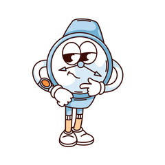 Groovy watch cartoon character pointing to wristwatch on hand with finger. Funny retro punctual blue clock, time check and delay mascot, cartoon wristwatch sticker of 70s 80s style vector illustration