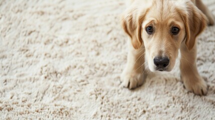 Cute Puppy with a tender gaze on a plush carpet. Soft-textured golden pup in a domestic setting. Dog on the rug. Concept of animal warmth, pet rearing, and gentle companionship. Copy space - obrazy, fototapety, plakaty