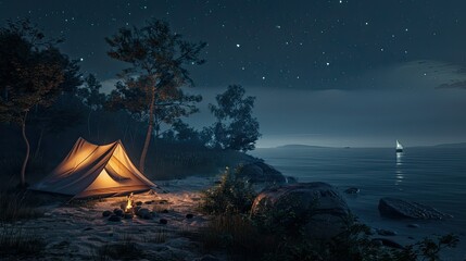 the soft glow of lanterns and natural moonlight to illuminate the scene. Place lanterns both inside and outside the tent to create a warm and cozy atmosphere.