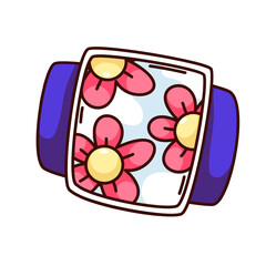 Obraz premium Groovy cartoon wristwatch with summer flowers on dial. Funny retro floral watch with purple bracelet and hippie vibe, happy time mascot, cartoon wristwatch sticker of 70s 80s style vector illustration