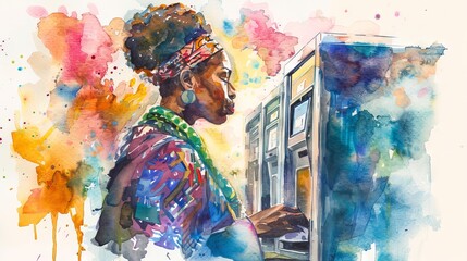 Watercolor illustration of African American woman at a polling place. Black female voter. Citizen vote. Concept of democracy, elections, civic duty, voting rights, diversity. Abstract.