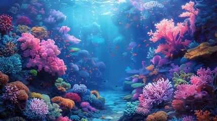 Fototapeta na wymiar Vibrant coral reef in ocean waters. Artwork. Colorful corals. Concept of marine life, underwater biodiversity, tropical ecosystem, and natural aquarium. DMT art style illustration