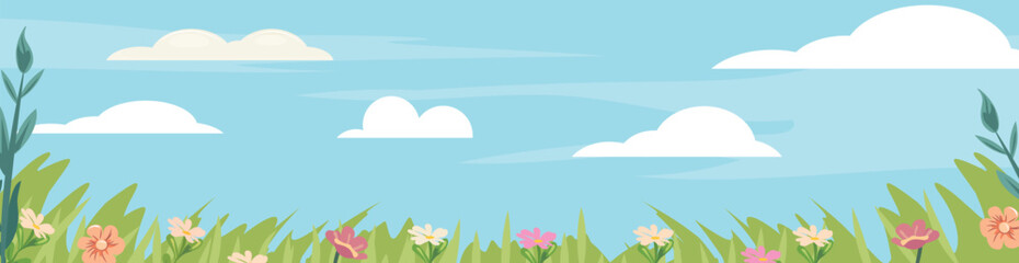 Fototapeta na wymiar Horizontal long banner with blue sky and spring summer flowers on the bottom
