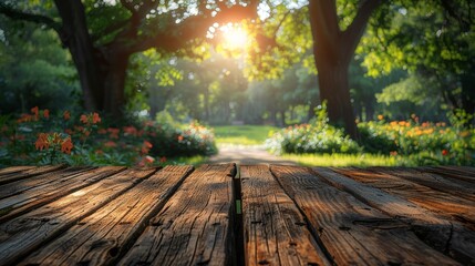 Naklejka na ściany i meble Serene Summer Garden: A Rustic Wooden Table in a Lush Forest Landscape Generative AI