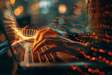 A close-up of a businesswoman's hands on a laptop keyboard in a modern office, the warm light creating an abstract pattern of lines and shapes