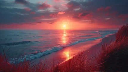 Gordijnen Impressive Beach Sunrise or Sunset with Abstract Art Accents Generative AI © Alex