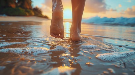 Close-up Detail of Barefoot Woman Strolling on a Sandy Beach with Heels in Hand Generative AI