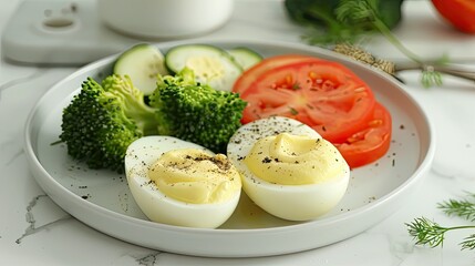 Breakfast dish on a white marble table to create an aesthetic composition. Two hard-boiled eggs with a spoonful of mayonnaise in the center of the frame, surrounded by slices of tomato and broccoli.