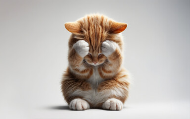 Photo of a cute ginger kitten covering its face with its small paws, giving the impression of shyness or playfulness - obrazy, fototapety, plakaty