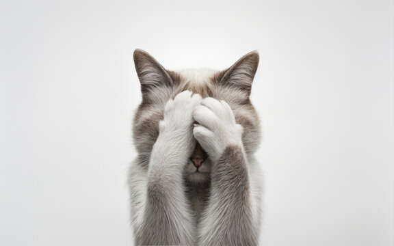 A white cat with brown ears who covered his face with his paws, giving the impression of shyness or modesty