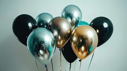 gold, black and turquoise helium balloons against a white background to create a visually striking contrast. The balloons are arranged in alternating colors to create visual interest.