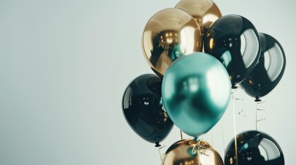 gold, black and turquoise helium balloons against a white background to create a visually striking contrast. The balloons are arranged in alternating colors to create visual interest.