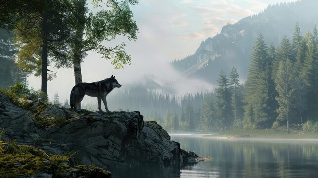 the rock and silhouette of a wolf are in the foreground, and the forest lake and surrounding wilderness are in the background. Pay attention to environmental details such as trees, rocks and water.