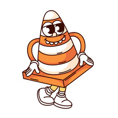Groovy traffic cone cartoon character with teeth in funky smile. Funny retro safety barrier walking, alert and warning signal mascot, cartoon road cone sticker of 70s 80s style vector illustration