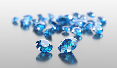 Blue diamond sapphire placed on glossy background main object focus 3d rendering 