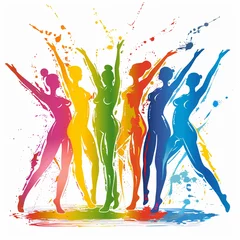 Fotobehang Silhouette dance celebration colorful splashes. Colorful silhouettes of women group. © Creative Habits
